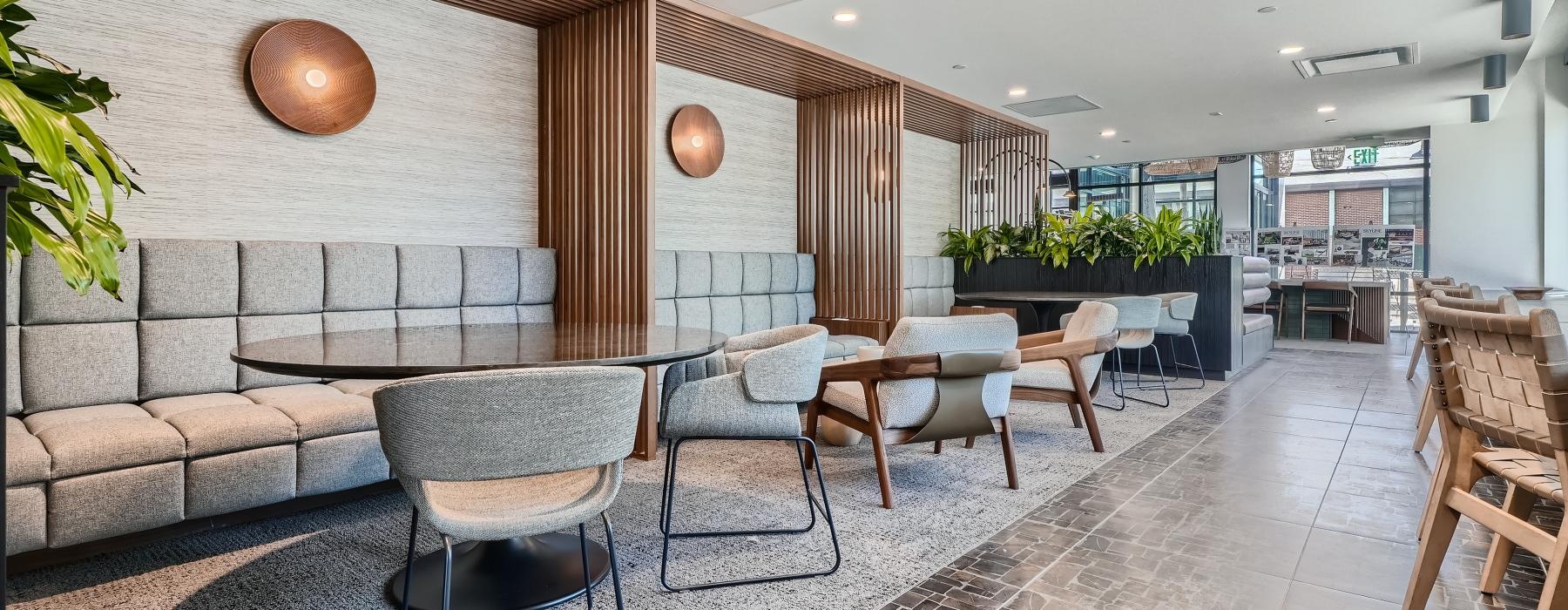 a room with chairs and tables