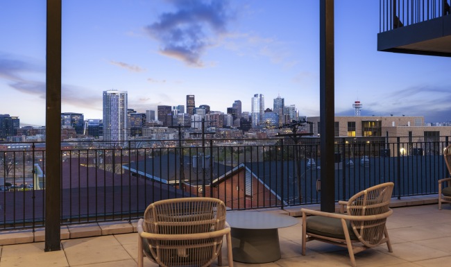 Downtown Denver views from rooftop patio at Skyline at Highlands