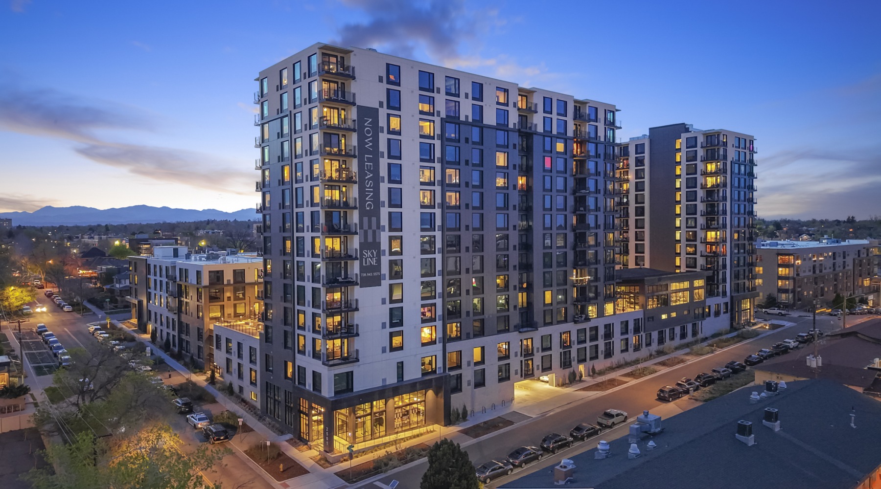 twilight aerial shot of Skyline at Highlands with mountain views